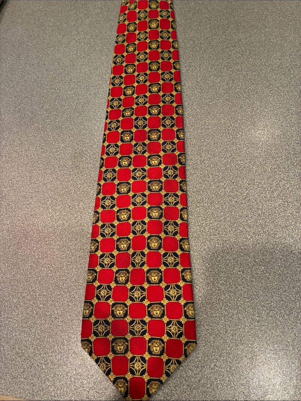 Versace Red Black and Gold Medallion Grid Silk Tie